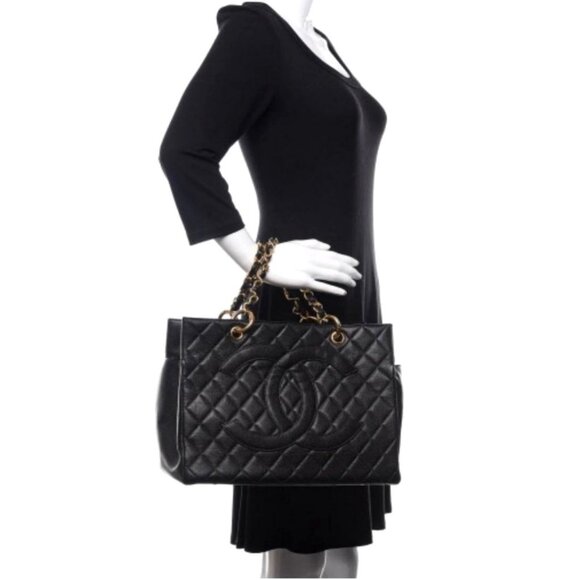 CHANEL Caviar Tote Grand Shopper GST Quilted Chain Shoulder Bag Purse Black - Picture 3 of 12